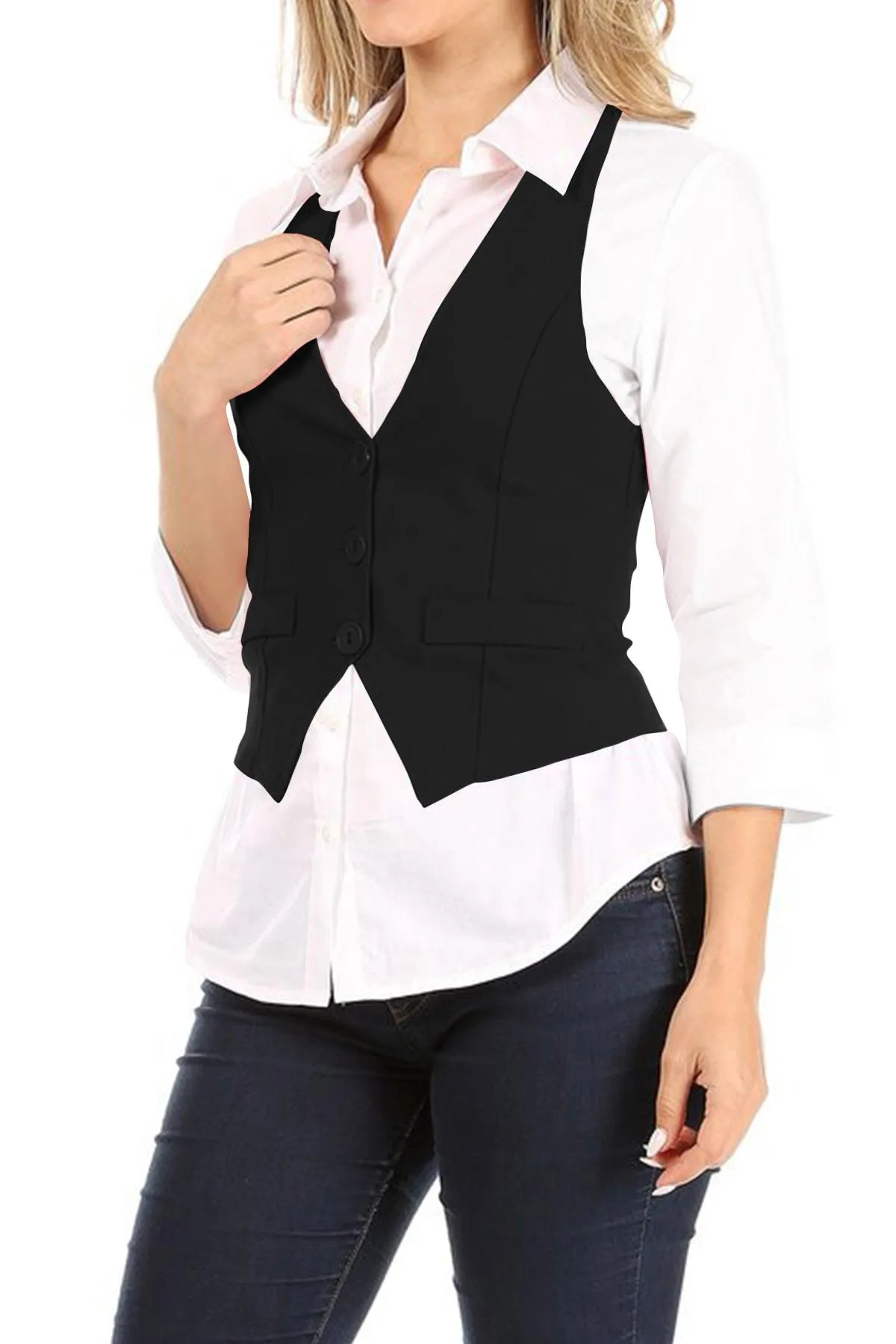 Women's Casual Button Down Racerback Belt Slim Tuxedo Suit Vest Top S-3XL (Pack of 2)