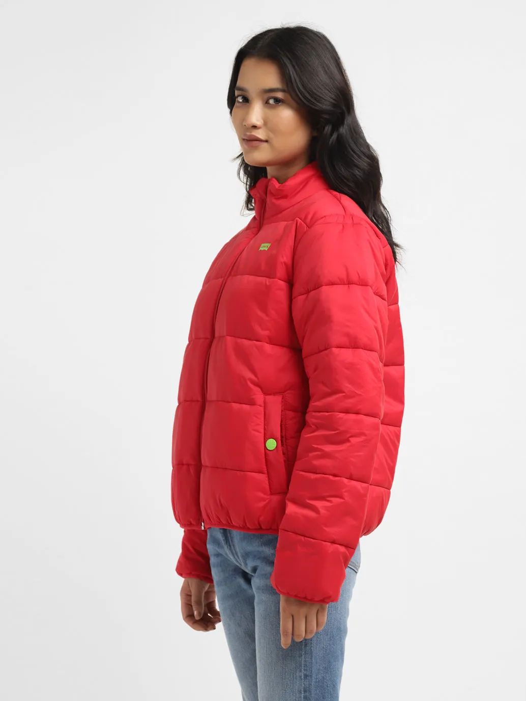 Women's Solid Red High Neck Quilted Jacket