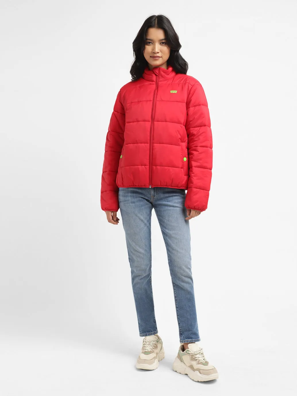 Women's Solid Red High Neck Quilted Jacket