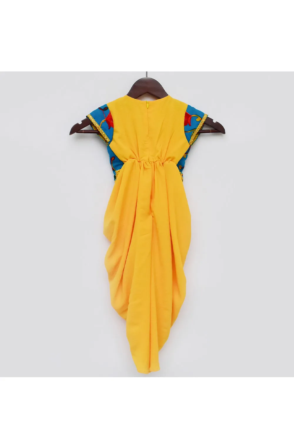 Yellow Georgette Jumpsuit With Blue Embroidered Attached Jacket