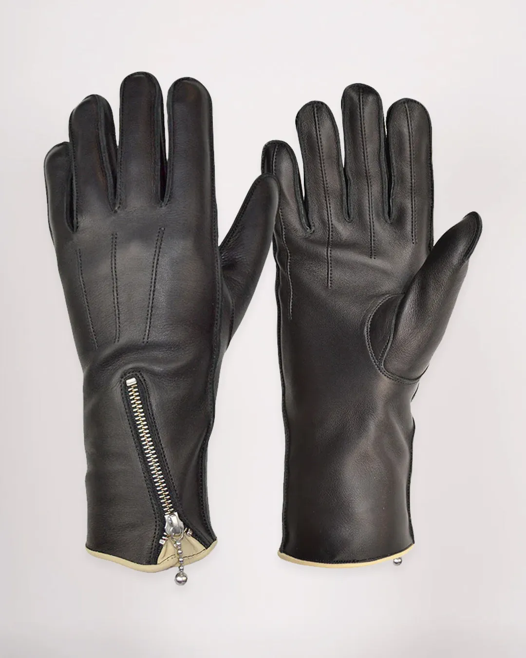 Zipped Unlined Cafe Racer Gloves with Tan Trim