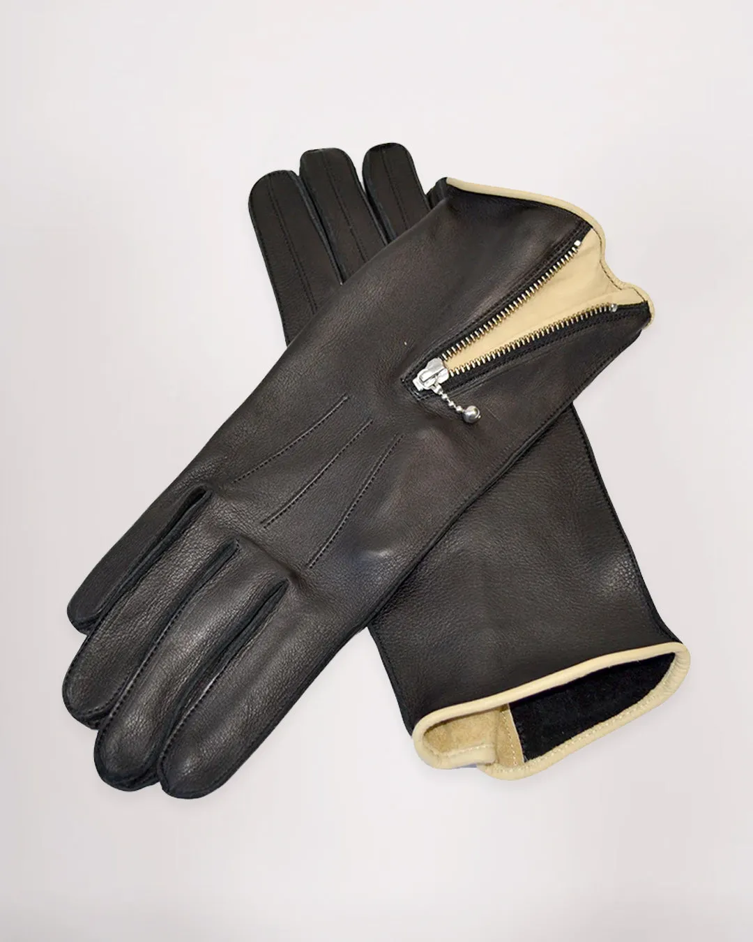 Zipped Unlined Cafe Racer Gloves with Tan Trim